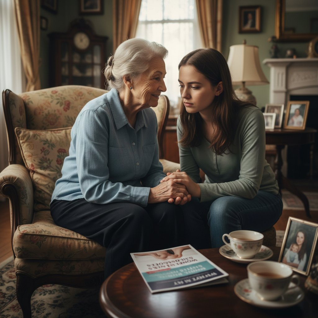 Starsza kobieta rozmawiająca z wnuczką w domu, temat zdrowia i przygotowania do wizyty lekarskiej, rodzinne tabu
