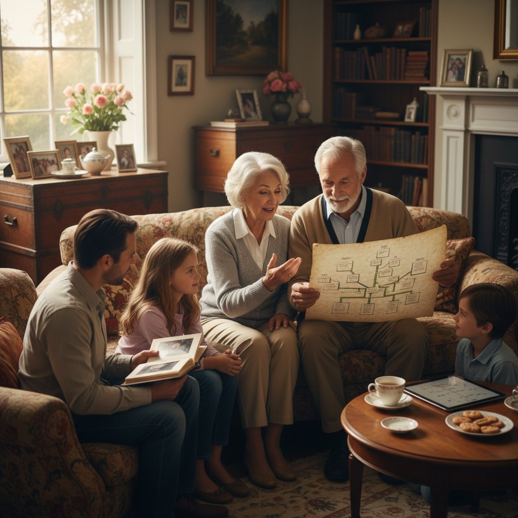 Grandparents telling stories to children, sepia-toned symbolic family tree, memorial conversations for senior citizens