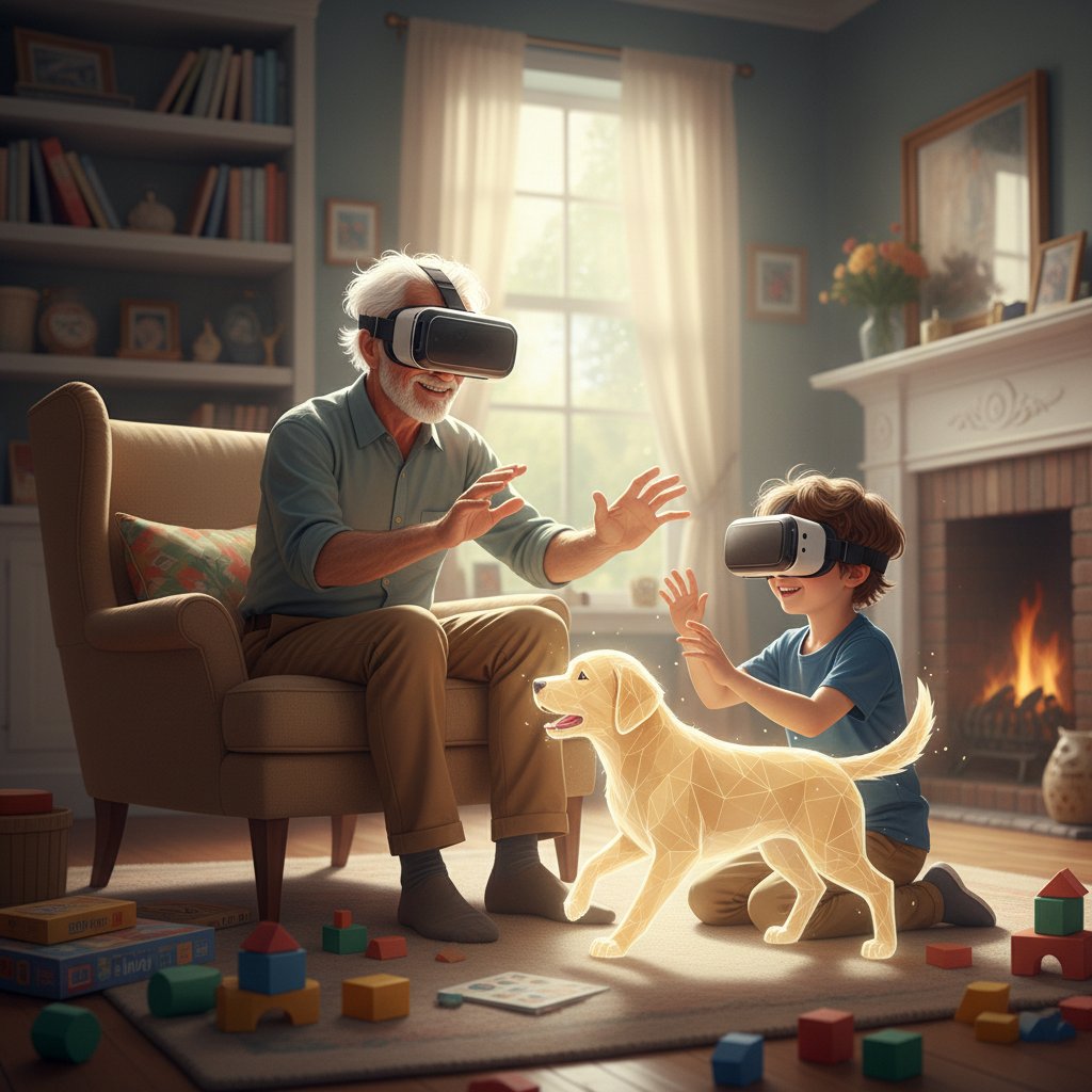 Wnuk i dziadek bawiący się wirtualnym pieskiem, międzypokoleniowa interakcja