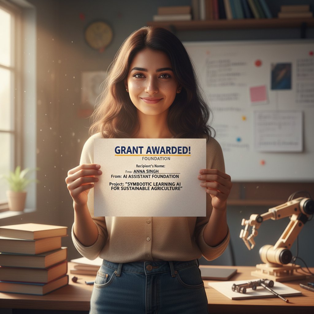 Joyful academic holding an award letter, shadowed by a digital AI assistant, hopeful light, 16:9