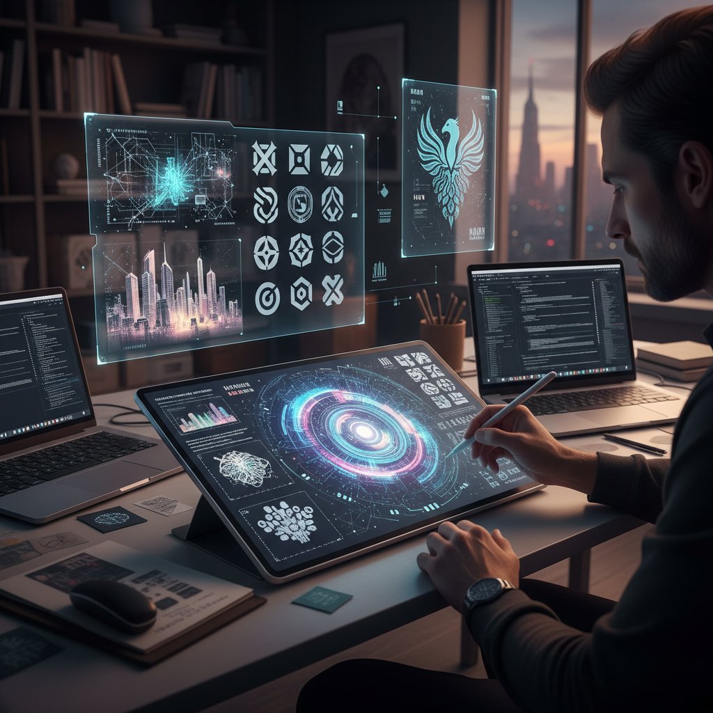 Twórca korzystający z tabletu, na ekranie widoczne kolorowe projekty graficzne generowane przez AI