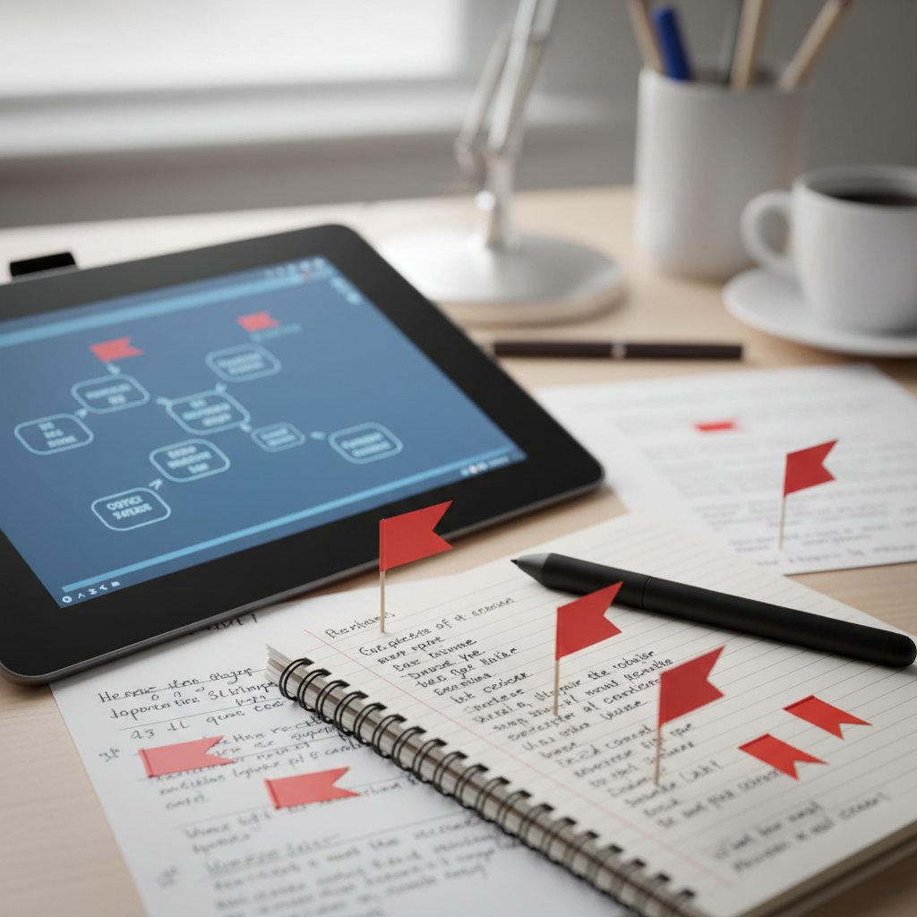 Tablet graficzny i notatki obok siebie, czerwone flagi na ekranie