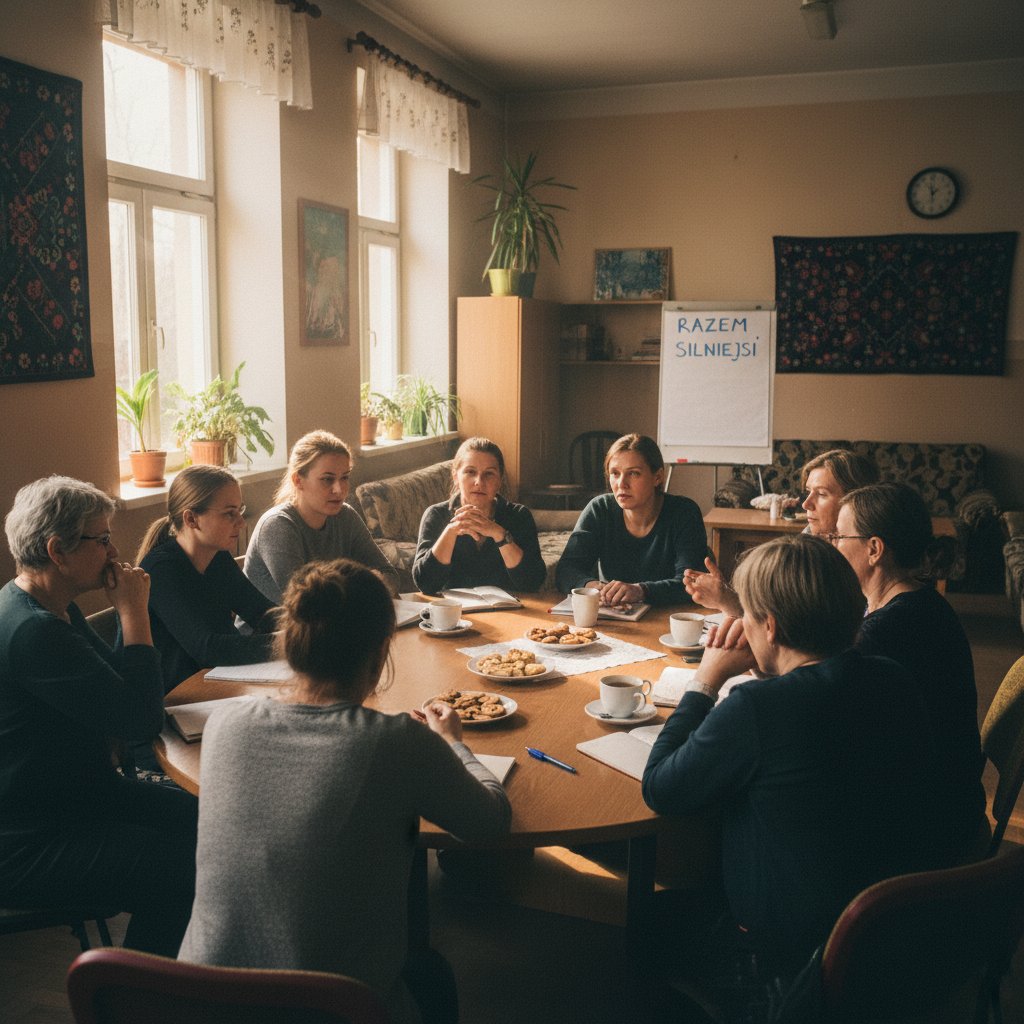 Spotkanie grupy wsparcia pacjentów, różnorodny skład, atmosfera współpracy i wsparcia