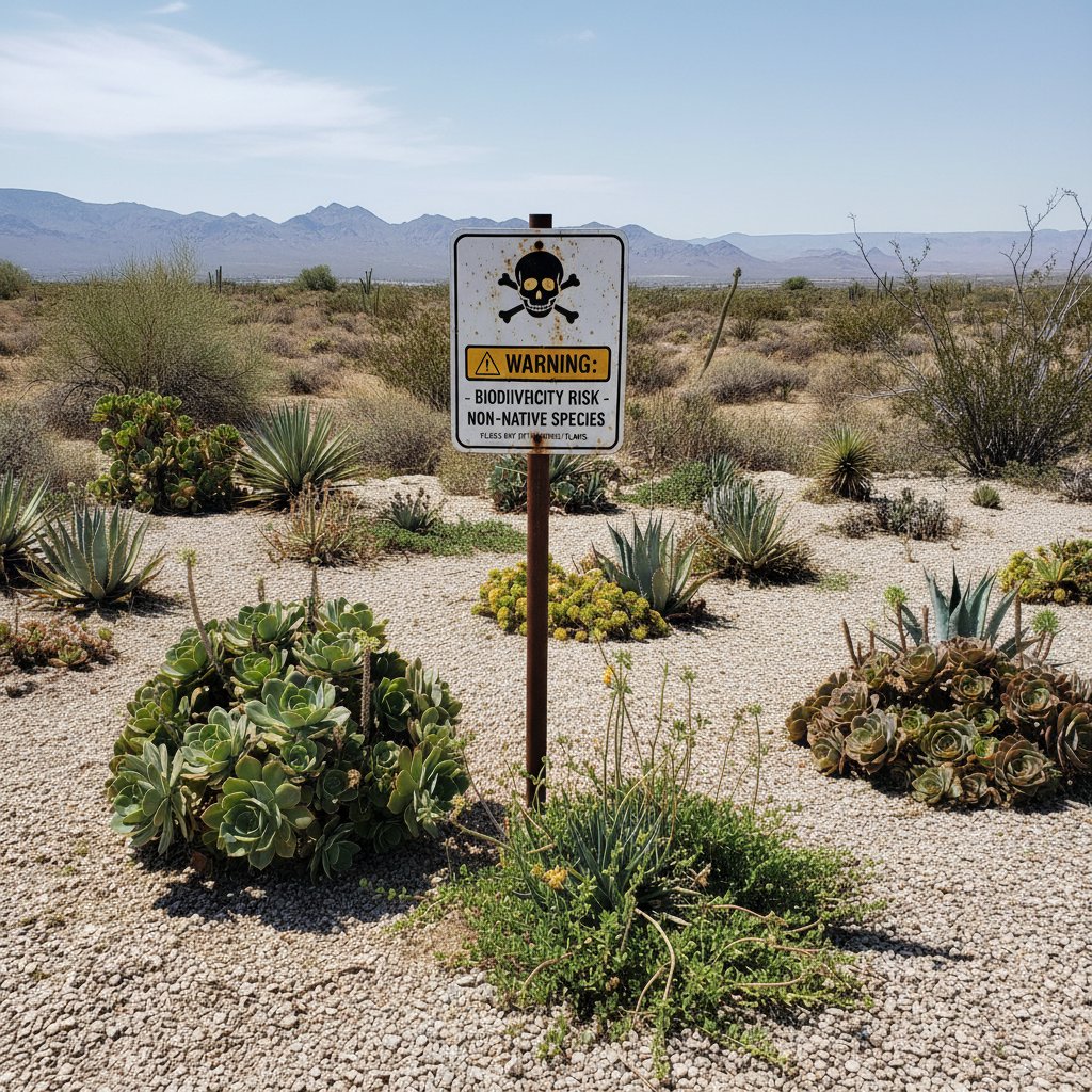 Rabata żwirowa z egzotycznymi sukulentami i znakiem ostrzegawczym