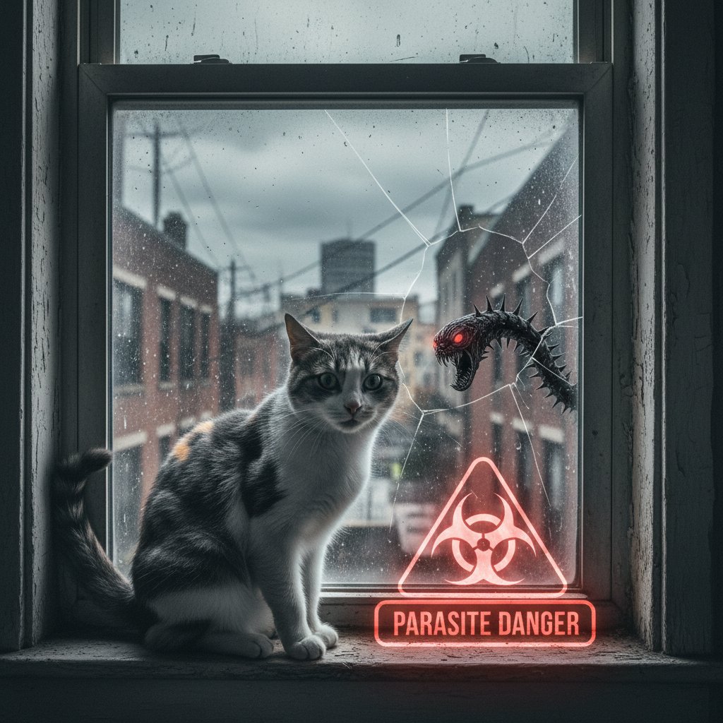 Szary kot spoglądający z niepokojem w stronę okna, tło miejskie – obrazujący zagrożenie pasożytami u kotów domowych