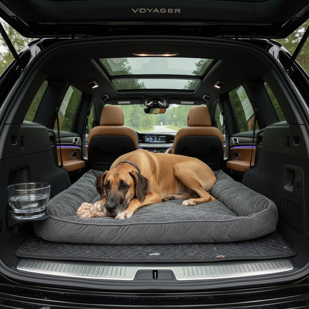 Large dog stretched out in spacious car cargo area with folded seats showcasing best cars for dogs