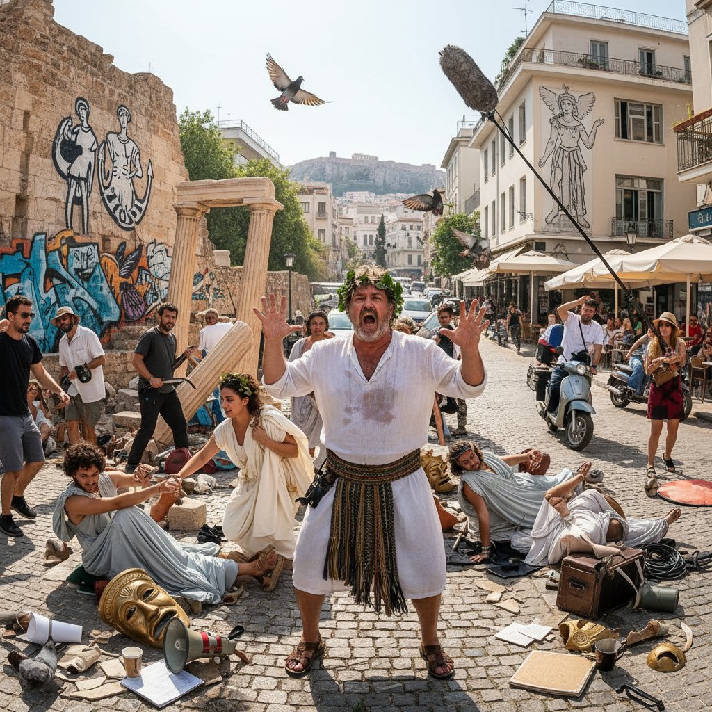 Director behind the camera on a chaotic comedy set, modern Athens, urban energy, candid action