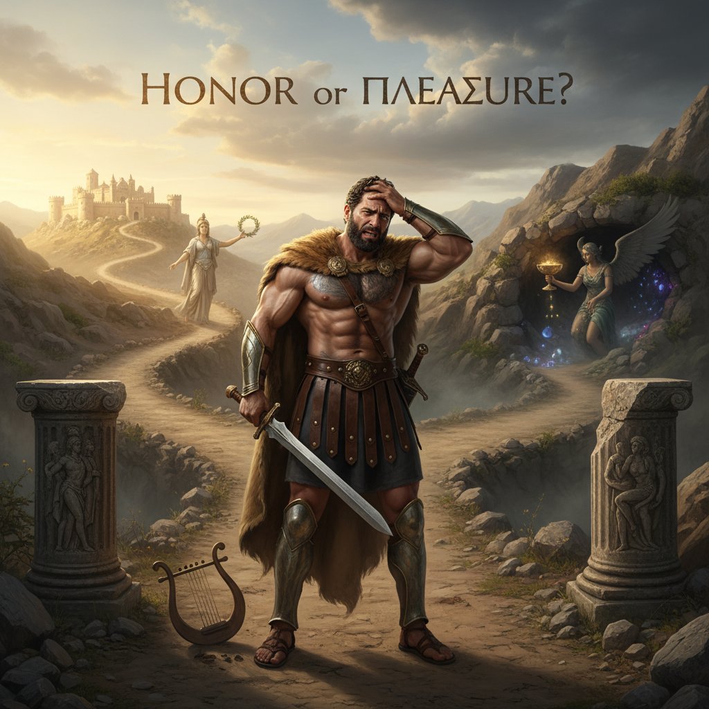 Thoughtful still of a Greek myth hero at a crossroads, atmospheric and contemplative