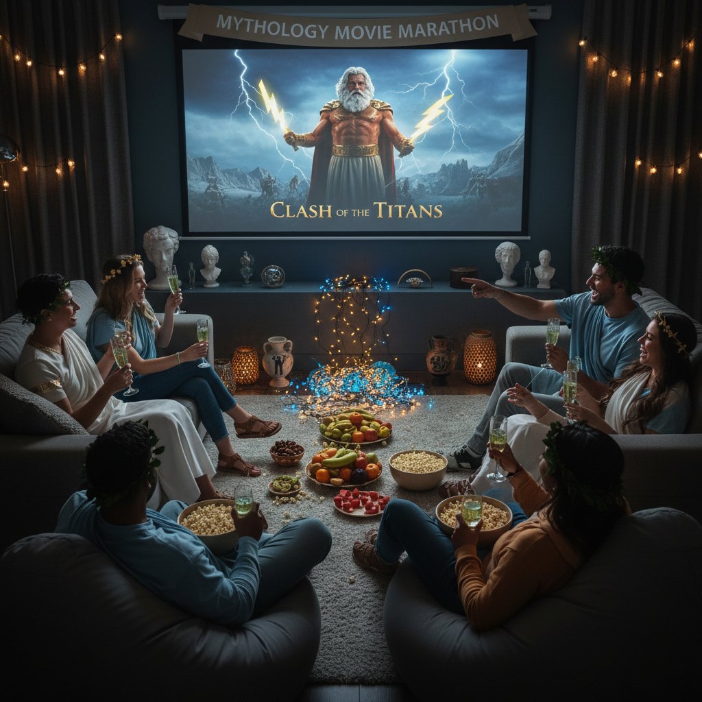 Warm photo of a diverse group watching a Greek mythology film together with themed decorations