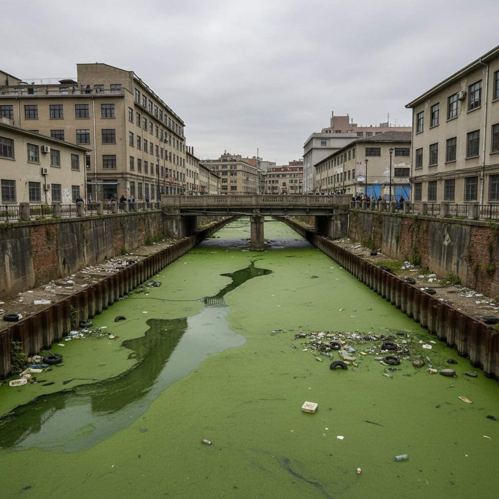 Zielone algi na powierzchni wody w miejskim otoczeniu