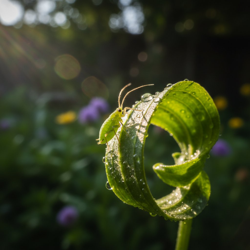Makrofotografia zielonej mszycy na liściu, wyraźne szczegóły, dramatyczne światło, walka w ogrodzie