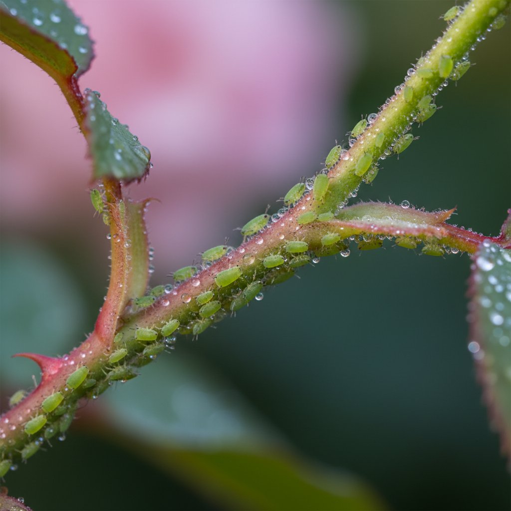 Kolonia mszyc na łodydze róży