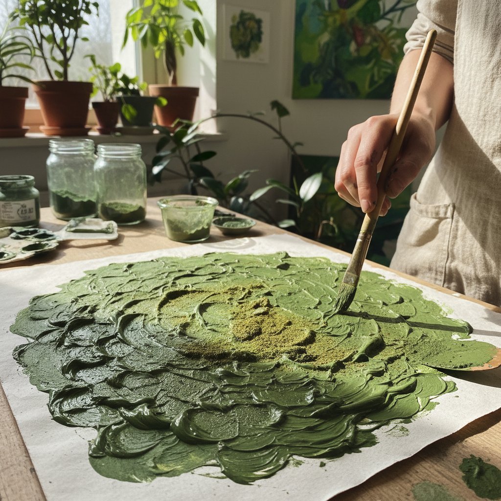 Artystyczna fotografia mieszania zielonego pigmentu do ekologicznej farby, kreatywnie