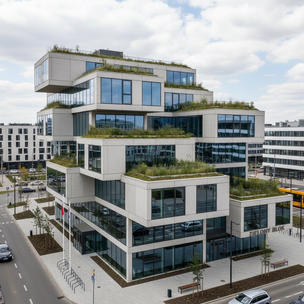 Zielony dach nowoczesnego biurowca, otoczony blokami, Polska