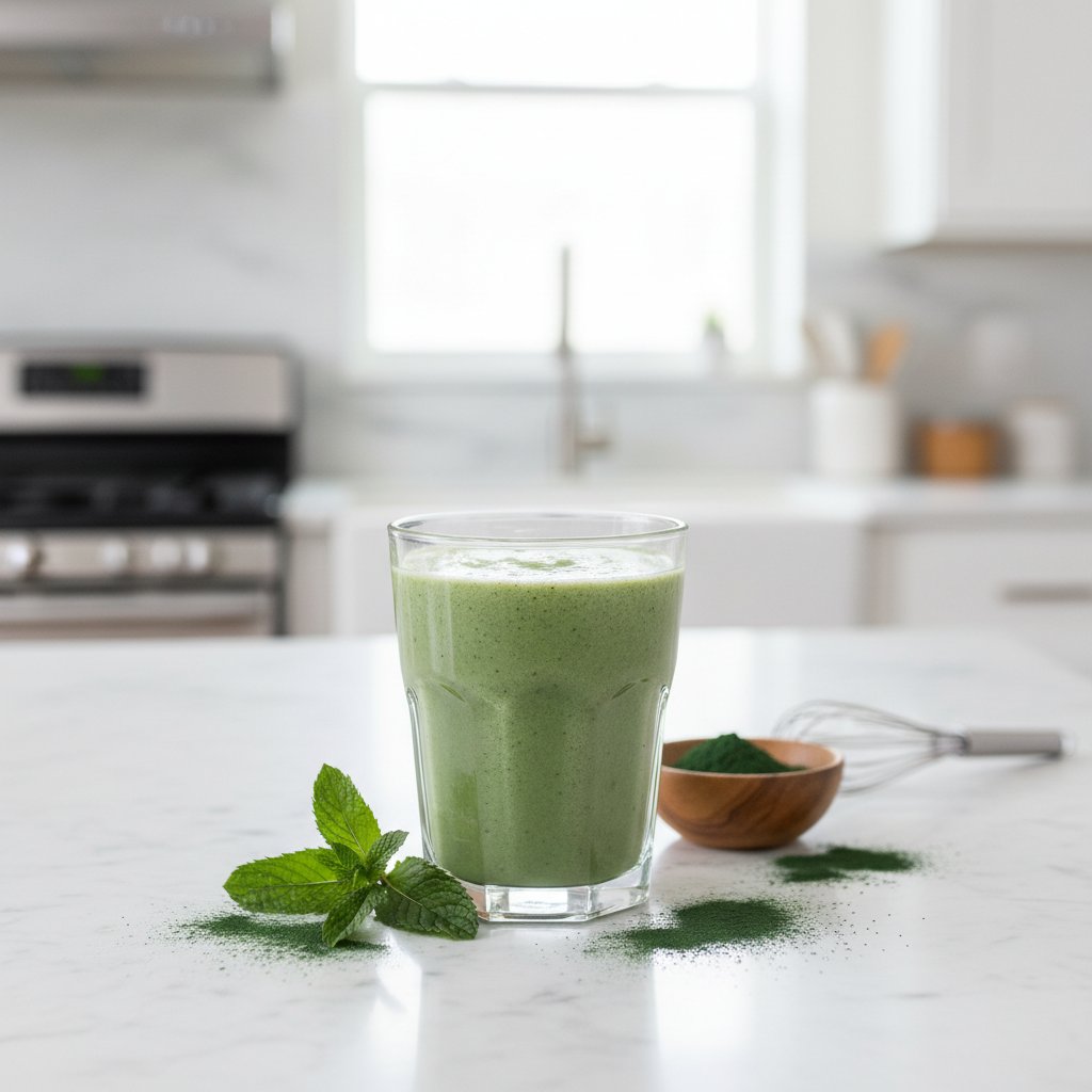 Zielony koktajl z chlorellą na białym stole, stylizowane zdjęcie kuchni