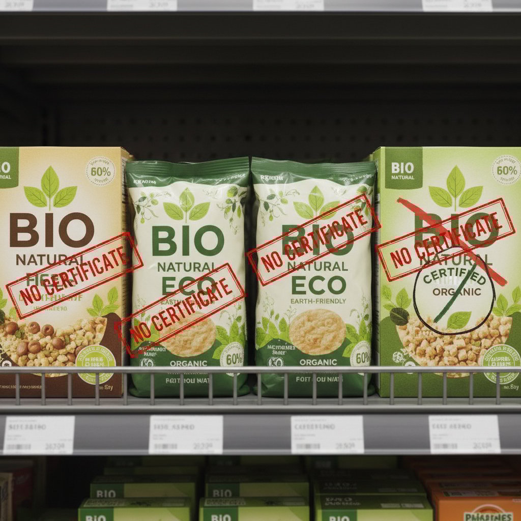 Regał z produktami w zielonych opakowaniach sugerujących bio, ale bez certyfikatu, zbliżenie na szczegóły