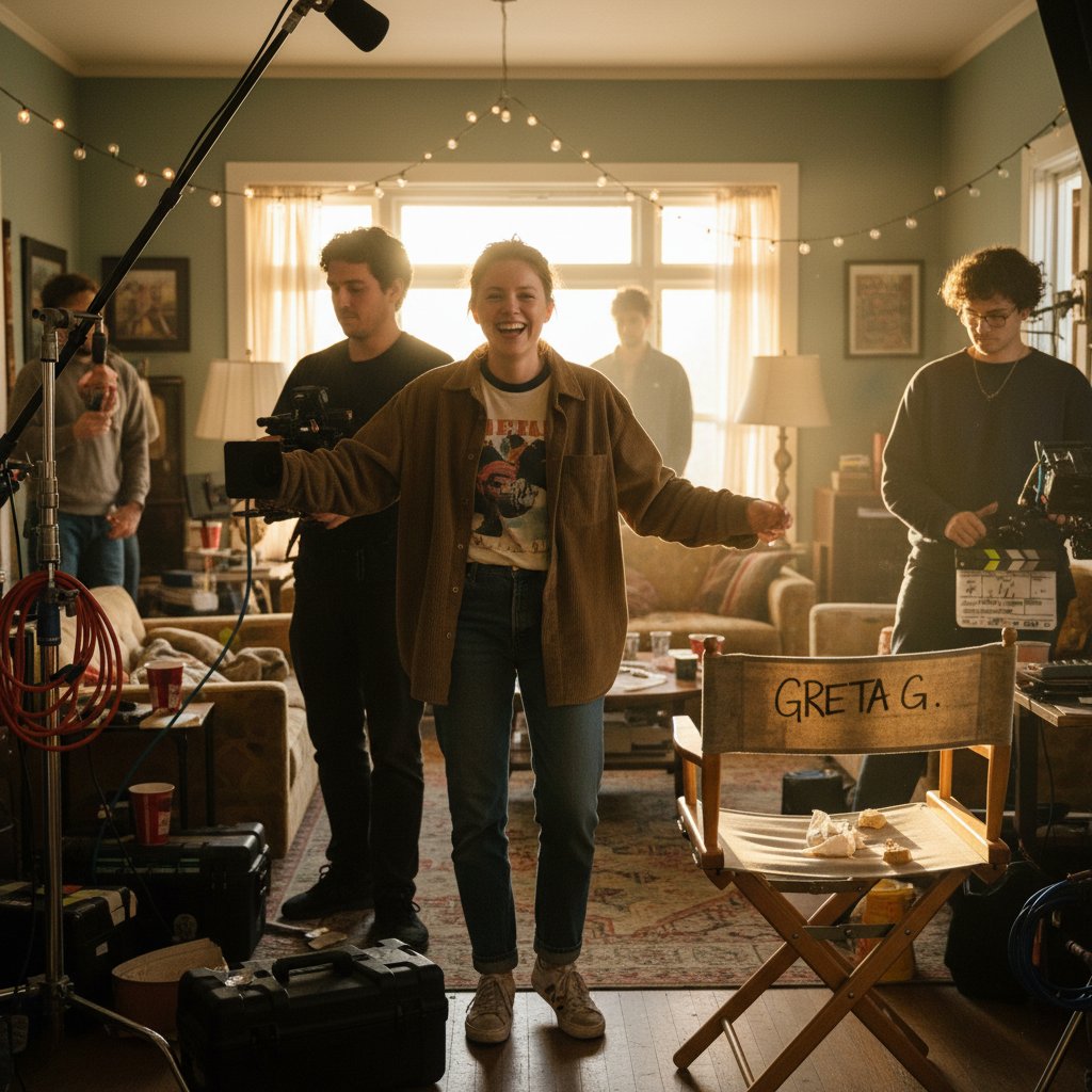 Young Greta Gerwig directing an indie film on set, vibrant indie film atmosphere with creative energy