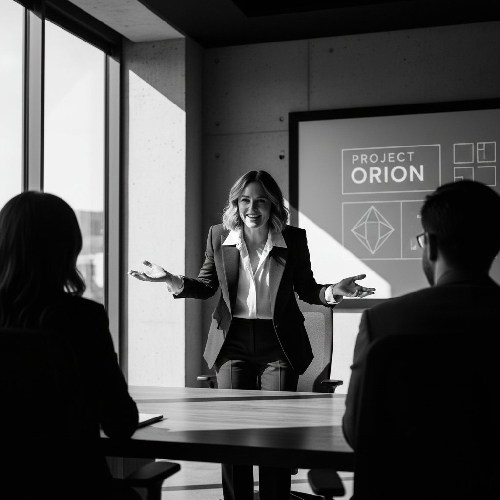 Greta Gerwig navigating a Hollywood studio meeting, expressive body language, high-contrast lighting