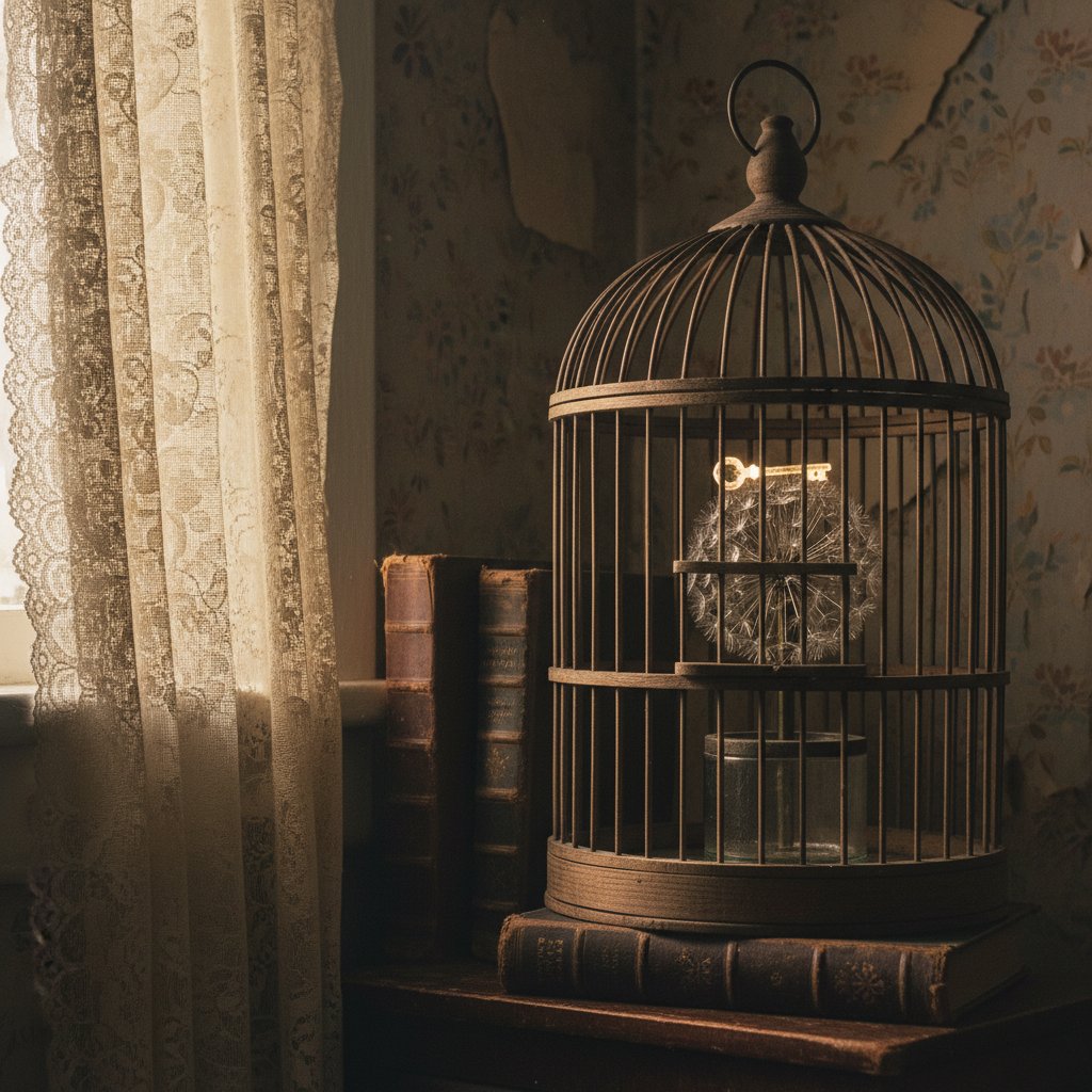 Hidden prop detail from a Greta Gerwig movie, close-up, dramatic lighting, symbolic significance