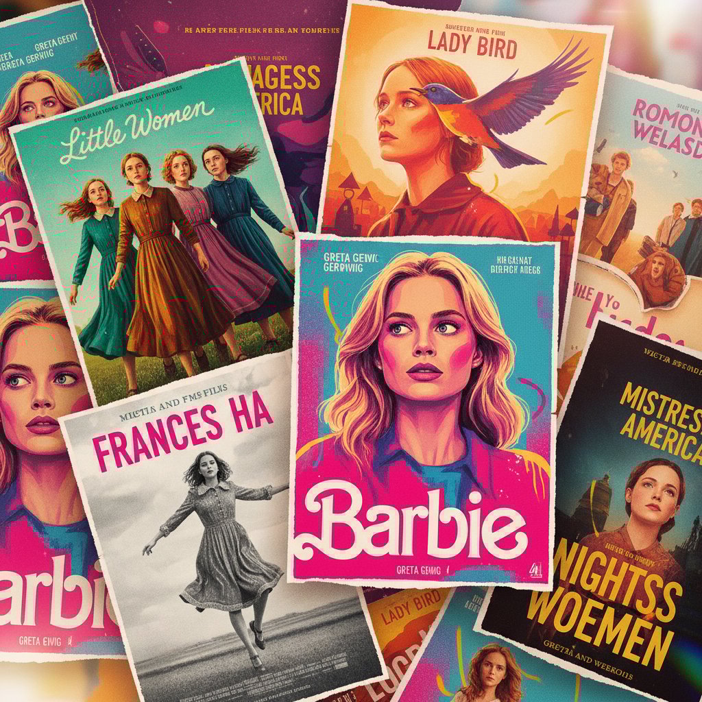 Collage of Greta Gerwig movie posters, vibrant and layered, highlighting her filmography