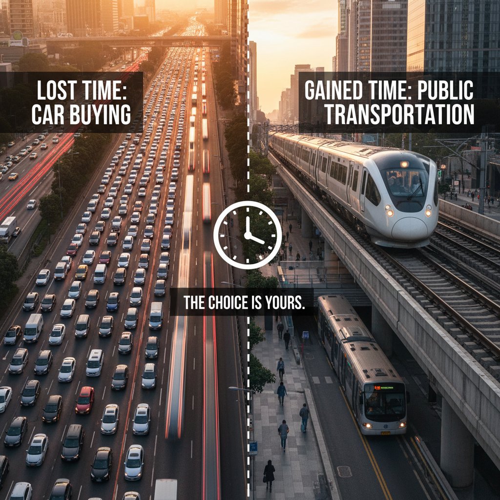 Overhead shot of gridlocked highway, visual metaphor for lost time in car buying vs public transportation debate