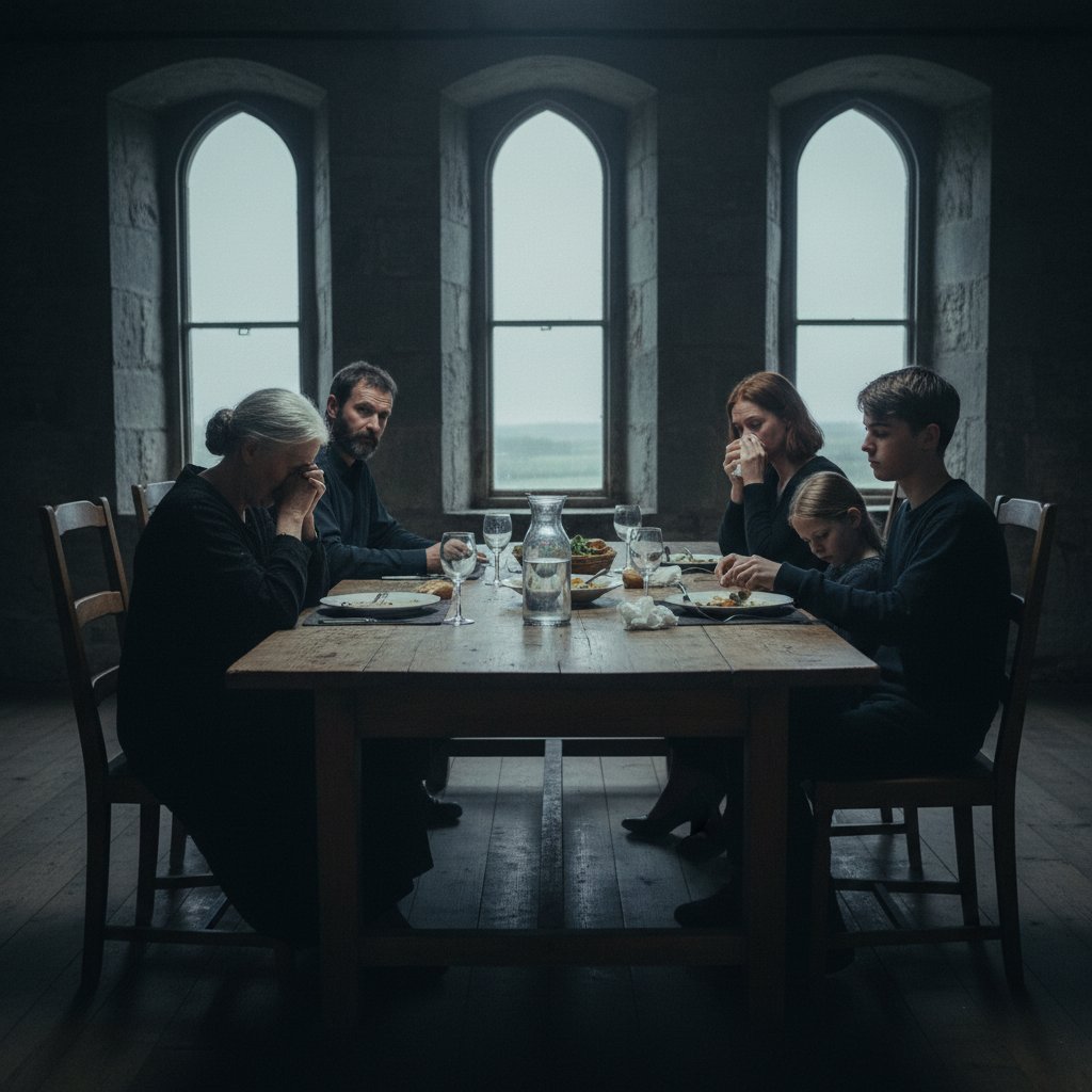 A group of people at a family table, subdued atmosphere, representing grief in international cinema