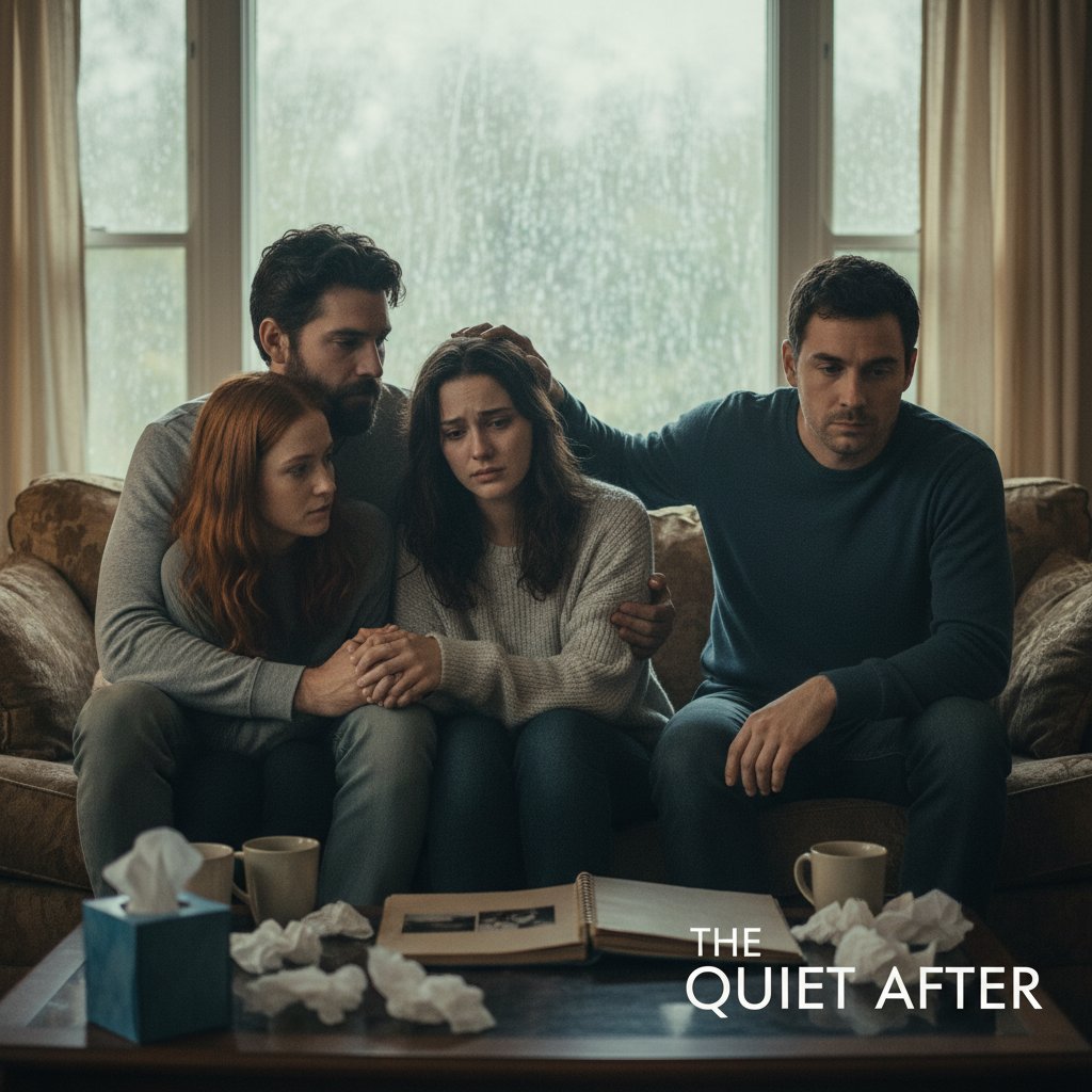 A group of friends sitting together, some comforting others after watching a grief movie