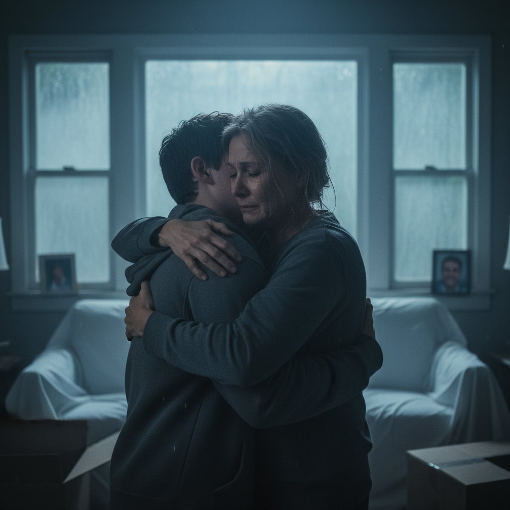 A mother and son embrace in a somber, sunlit living room, reflecting a grief movie scene