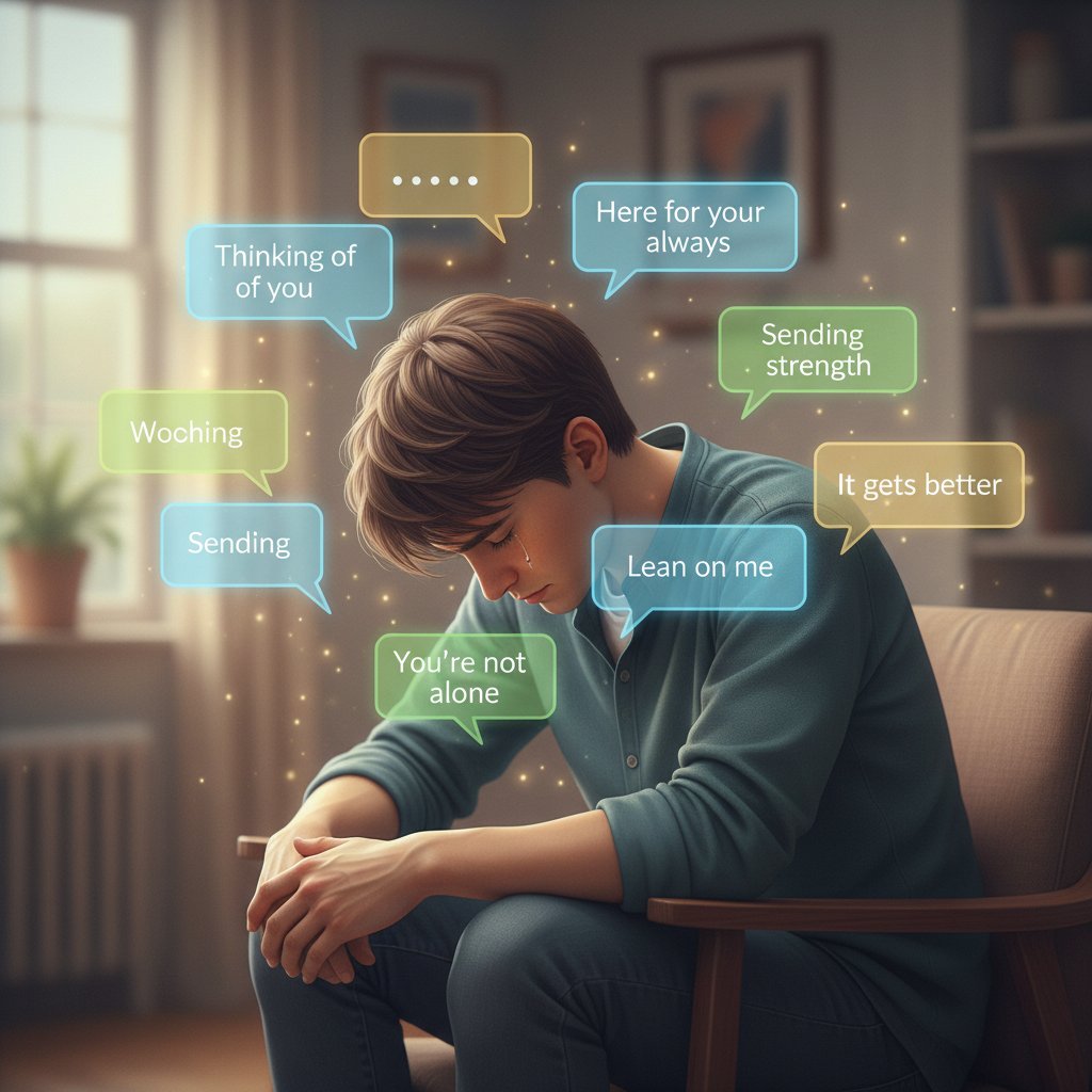 Portrait of grieving person, half in shadow, surrounded by digital text bubbles, representing support from digital memorial conversations