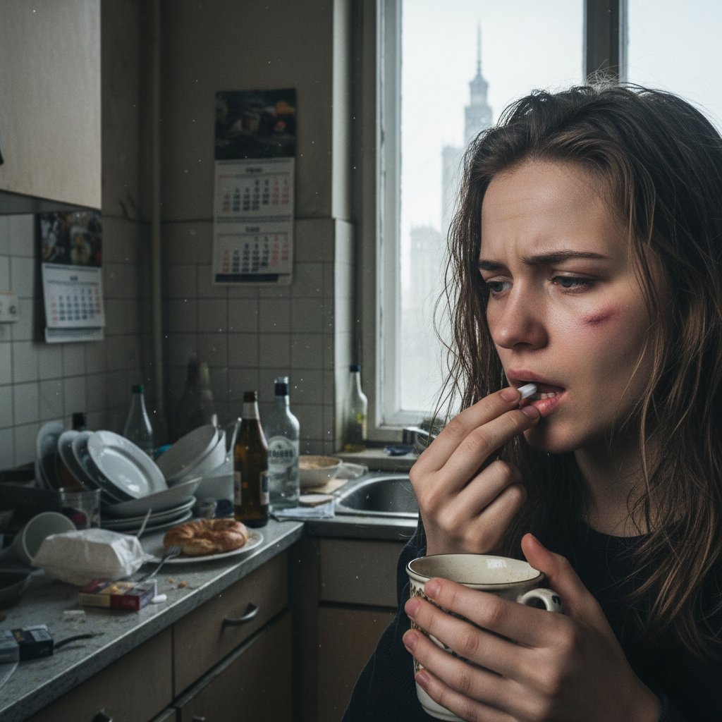 Młoda kobieta bierze cetyryzynę przy kuchennym stole w Warszawie