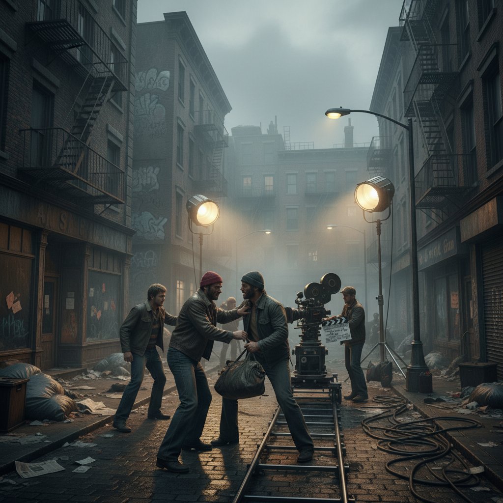 Iconic 1970s perseverance movie scene in urban struggle