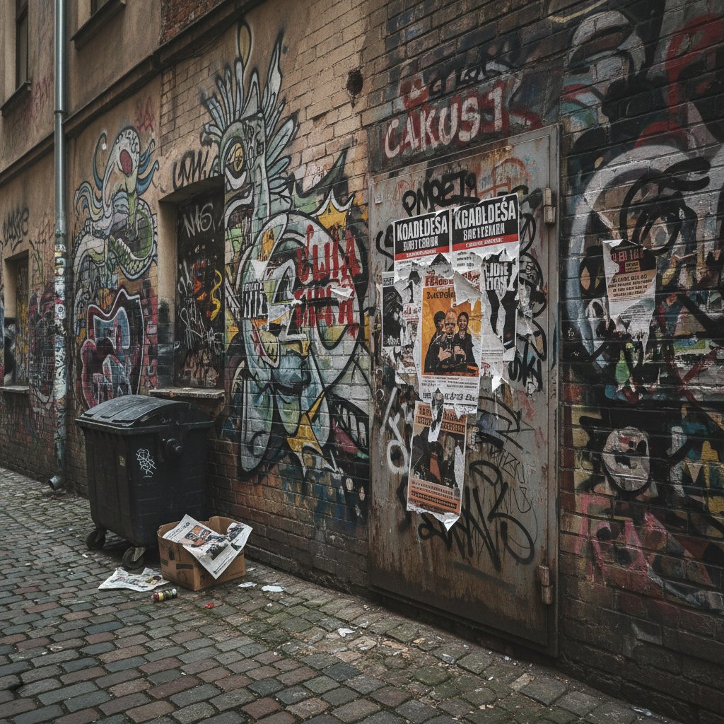 Brudna alejka w Gdańsku pokryta street artem, plakatami i ulotkami kulturowymi