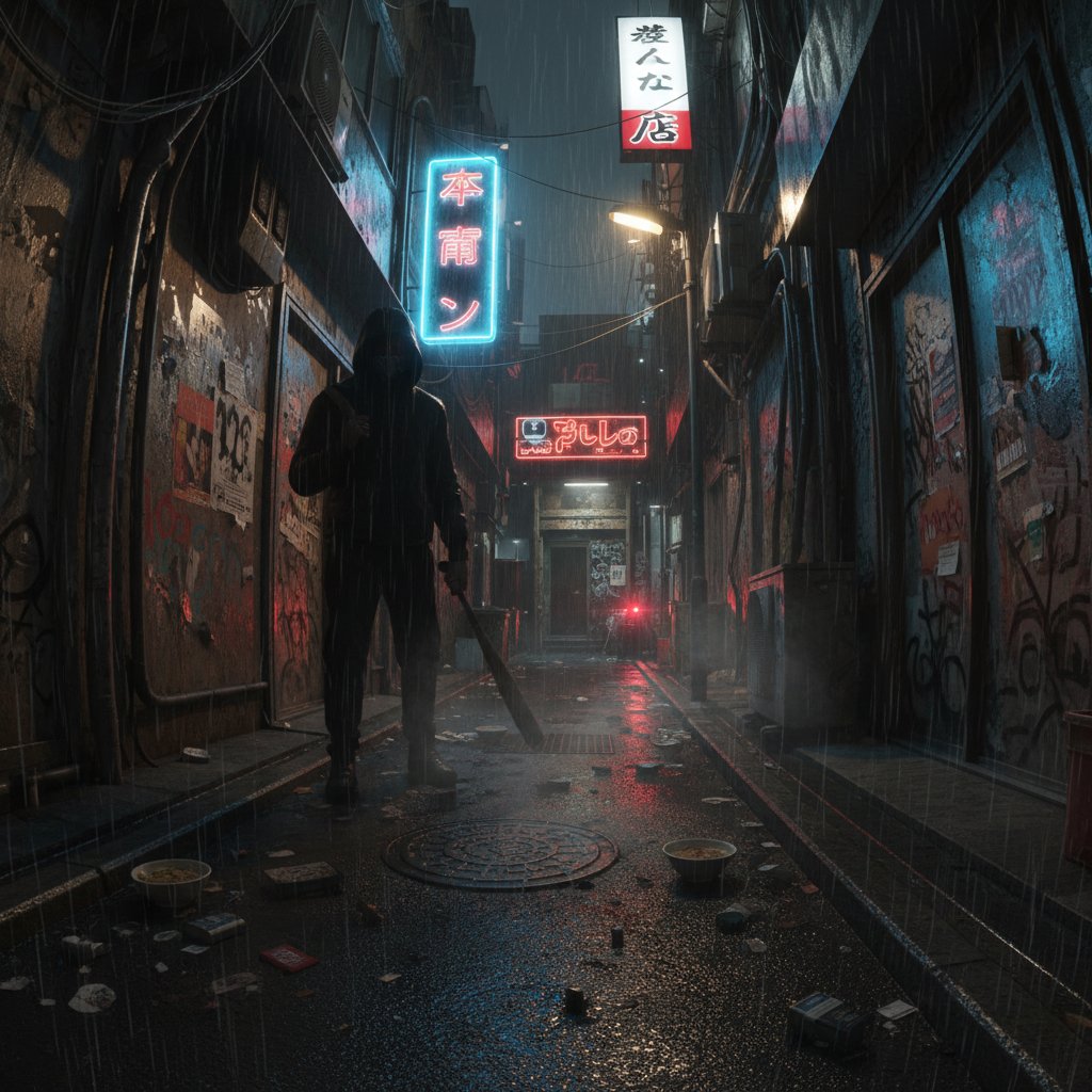 Gritty, atmospheric alleyway in Tokyo at night, sense of danger