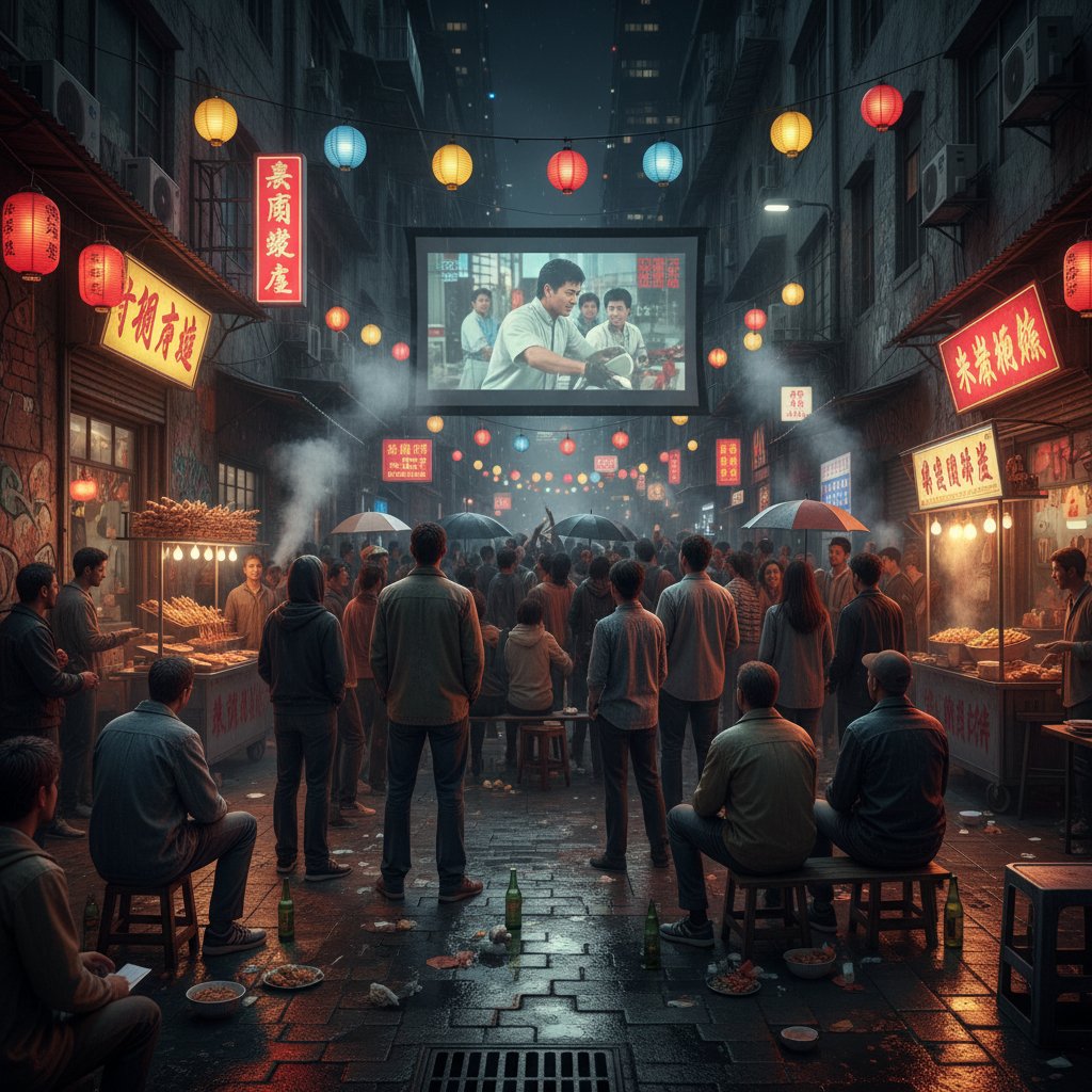 An Asian urban alley hosting a makeshift open-air screening for underground movies.