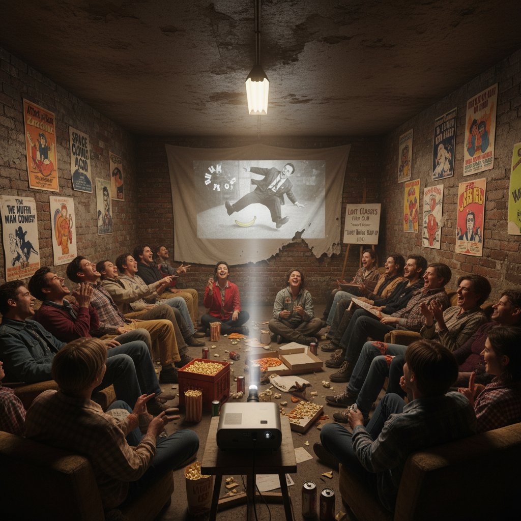 Gritty basement cinema screening rare cult comedy, audience watching lost classic