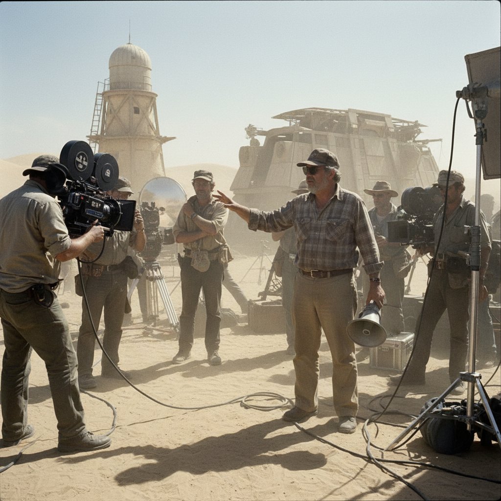 Gritty behind-the-scenes photo of George Lucas directing in the desert, with crew and camera gear, on the Star Wars Tatooine set