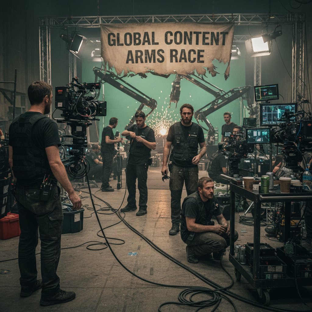 Gritty behind-the-scenes photo of a streaming series set, showing production crew and camera gear, highlighting the content arms race