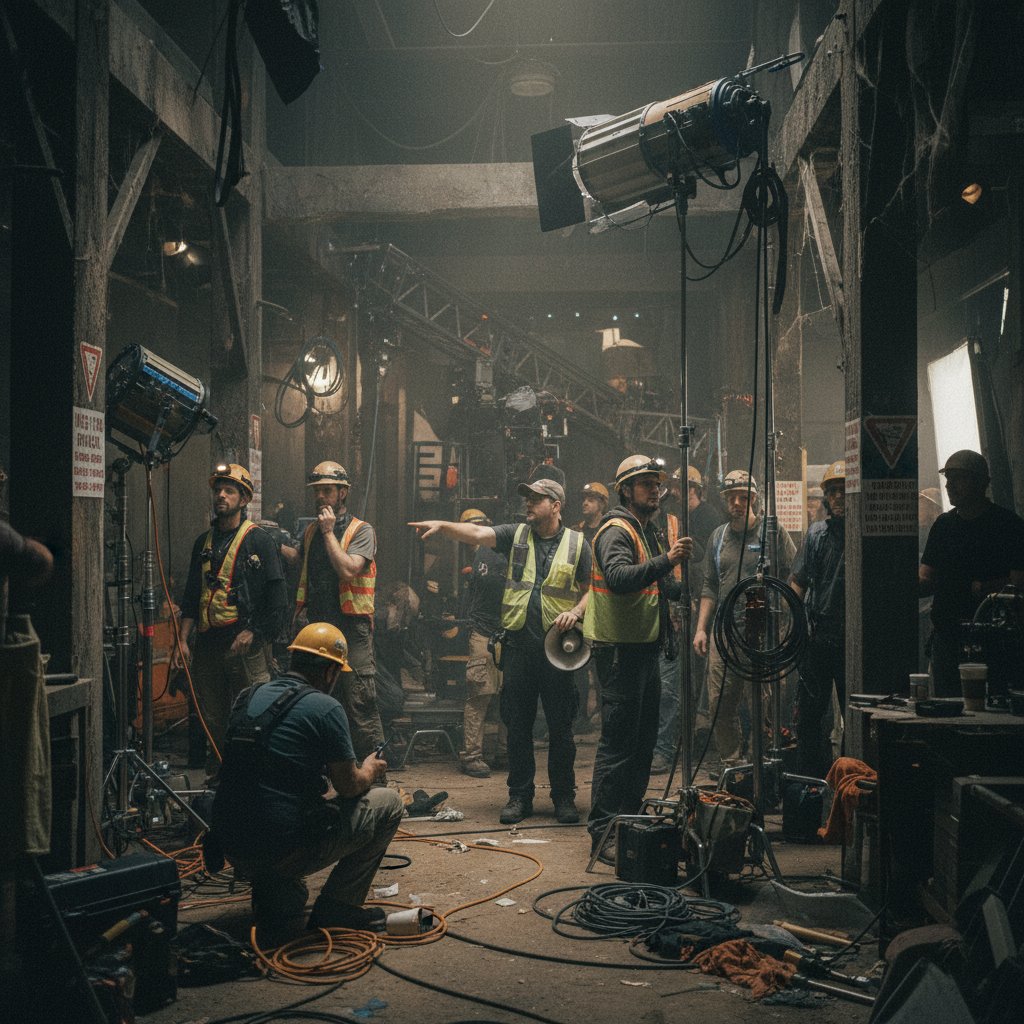 Gritty, candid behind-the-scenes shot of crew with cameras and safety gear, maze set background, 16:9