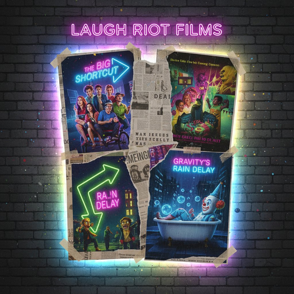 Gritty collage of indie comedy movie posters representing sleeper hit comedies, neon lighting