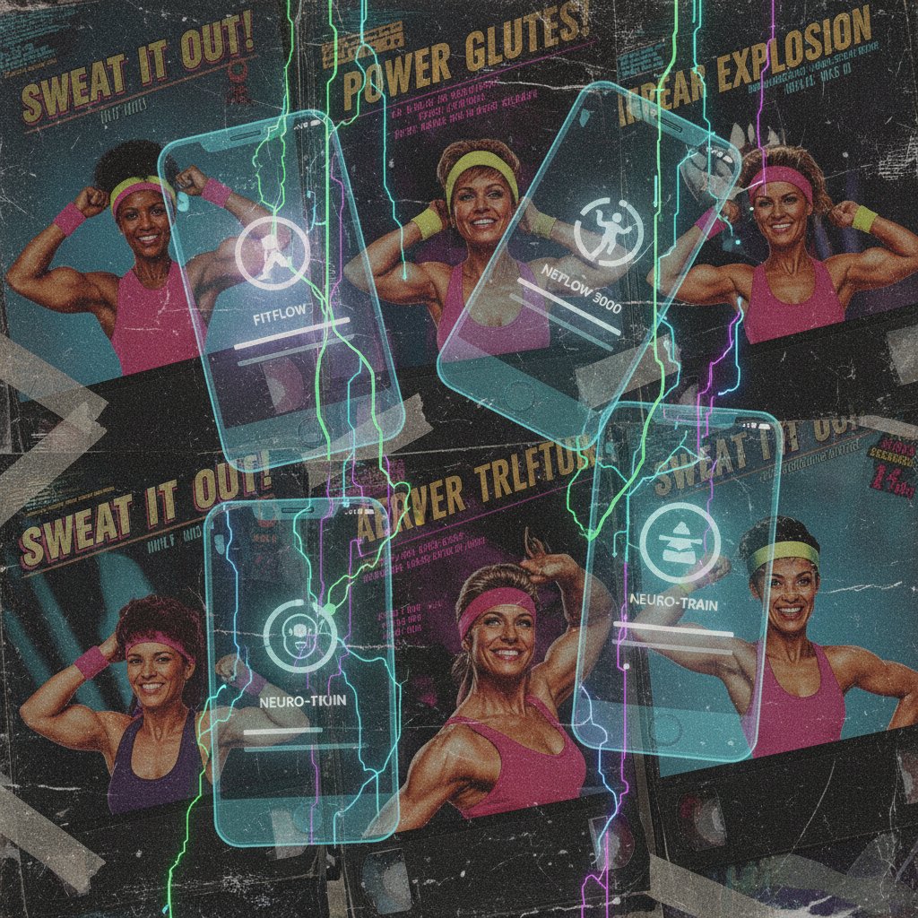 Ewolucja fitnessu od kaset VHS po treningi AI w Polsce – kolaż kaset VHS, smartfonów fitness i kodu neuronowego