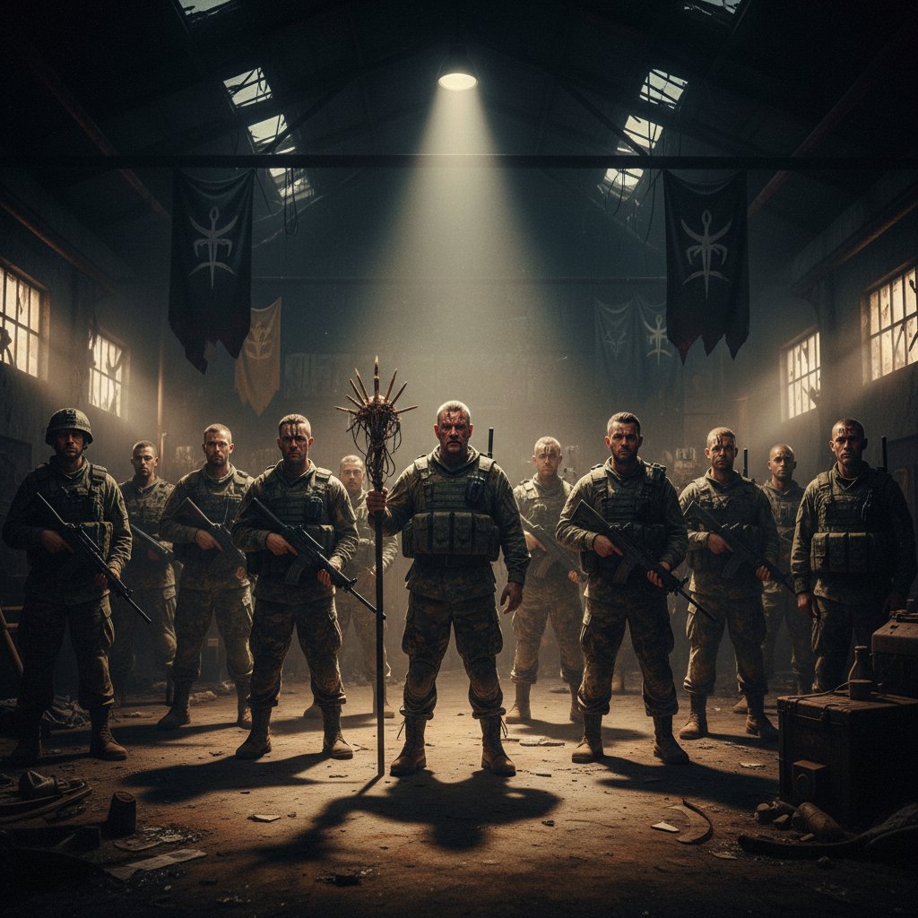 Gritty, atmospheric still from a cult military movie, dramatic lighting, 16:9