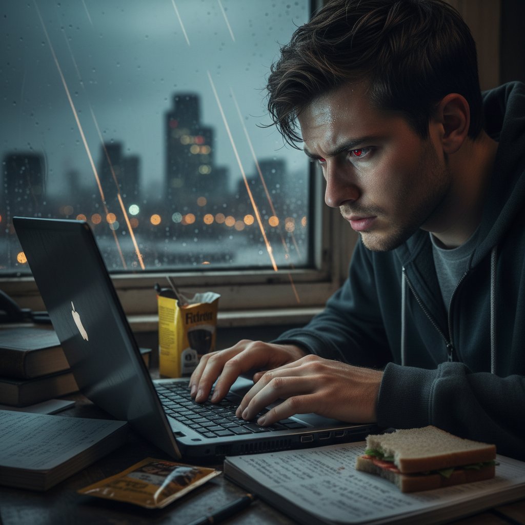 Młody uczeń angielskiego siedzący nocą przy laptopie, za oknem światła miasta, skupiona, napięta atmosfera, nauka słówek online