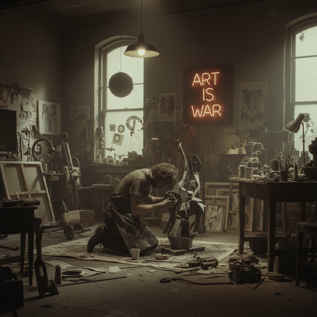 Moody photo of a solitary artist in a chaotic studio, surrounded by unfinished canvases and vibrant paints, symbolizing creative struggle