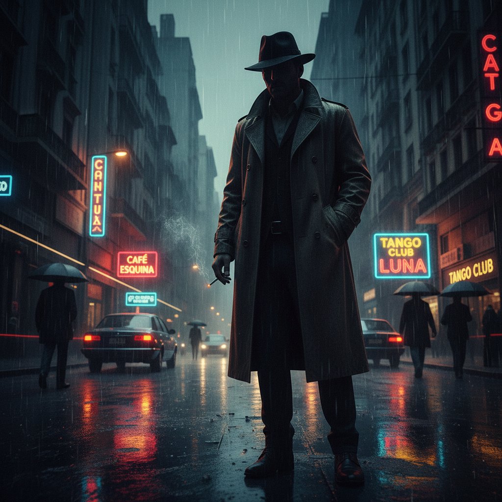 Gritty neo-noir photo of shadowy figure under Buenos Aires city lights on a rainy street, mysterious mood