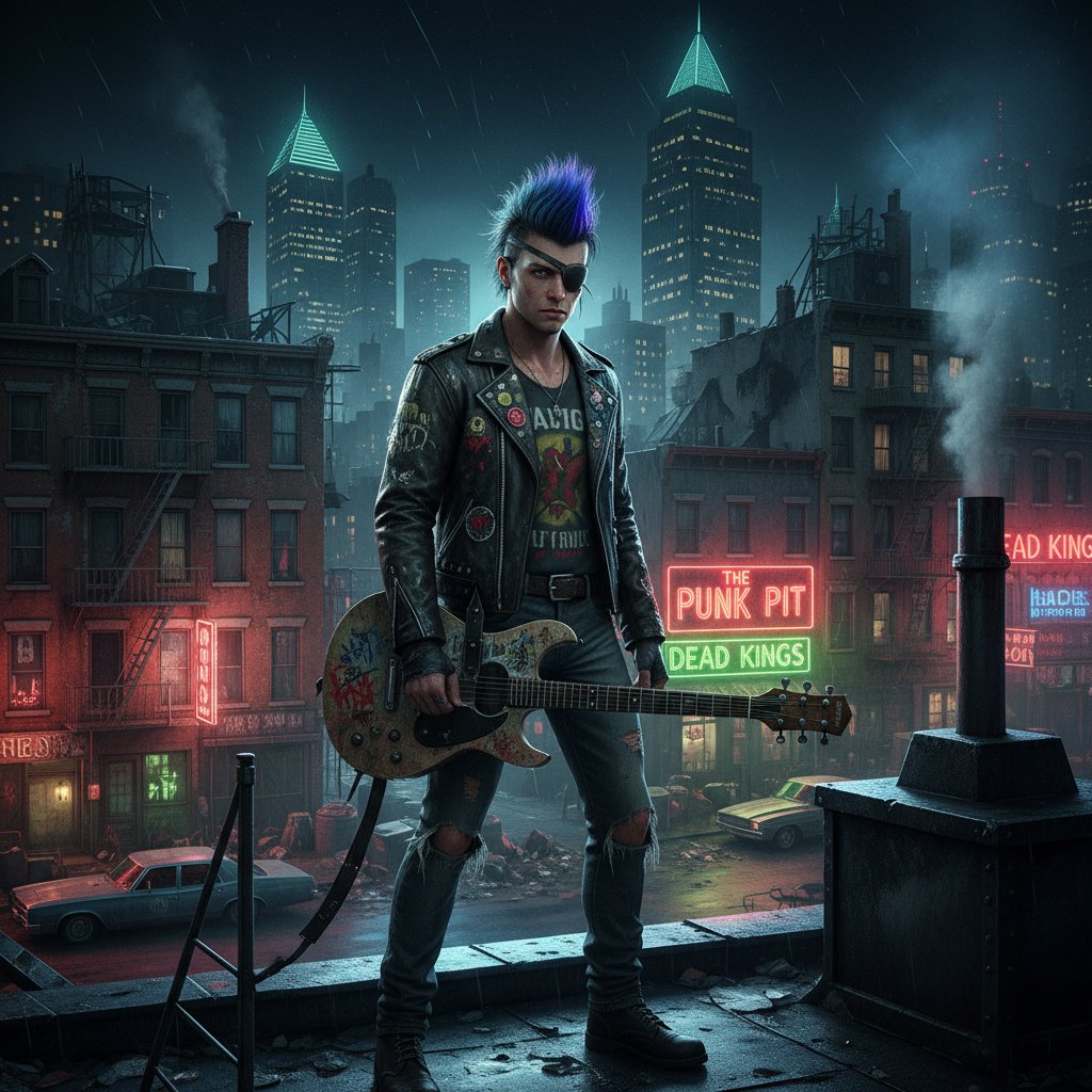 Gritty New York skyline in ruin, eye-patch antihero on rooftop, neon glow, 1980s punk vibe
