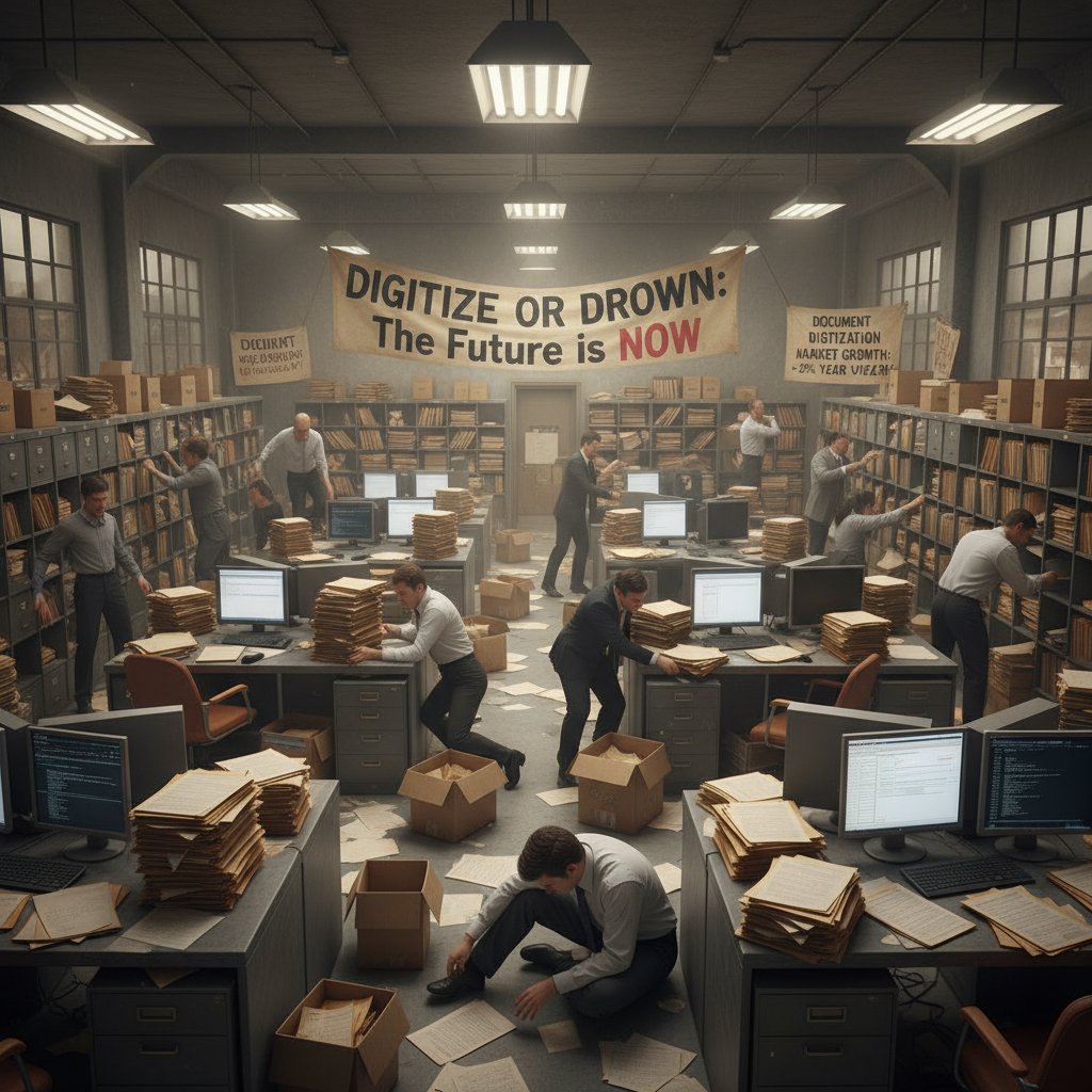 Cinematic photo of stressed staff rifling through overflowing cabinets in a gritty, cluttered office — document digitization market growth