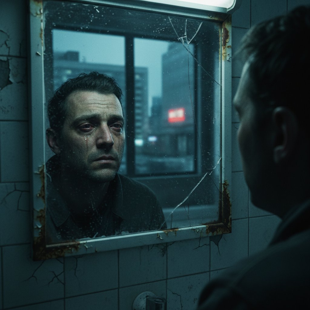 Wypalenie emocjonalne opiekuna – zmęczony dorosły patrzy w lustro, zmęczenie widoczne w oczach