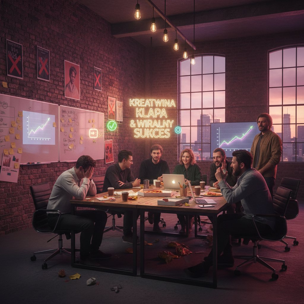 Polska agencja kreatywna po długim dniu pracy, ściany zapełnione przykładami kampanii – sukcesy i porażki