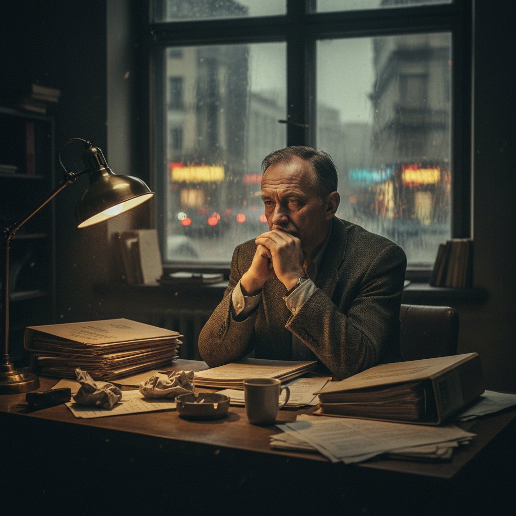 Portret psychiatry przy biurku z aktami pacjentów, nocny gabinet, atmosfera introspekcji