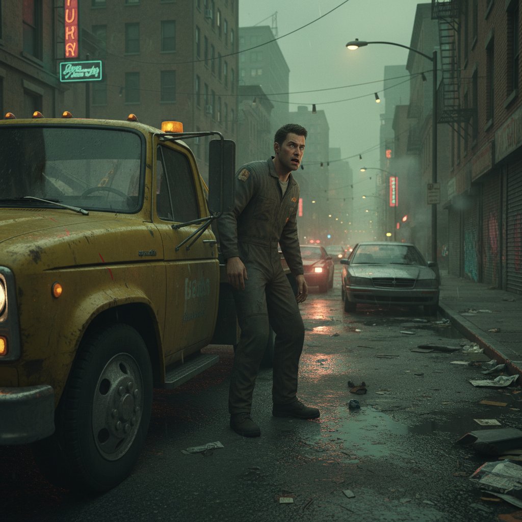 Laweta przyjeżdżająca do awarii auta na ulicy